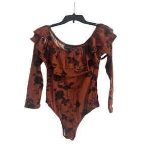 NWT Polly & Esther Brown/Black Floral Bodysuit Ruffle Collar Long Sleeve Size Lg